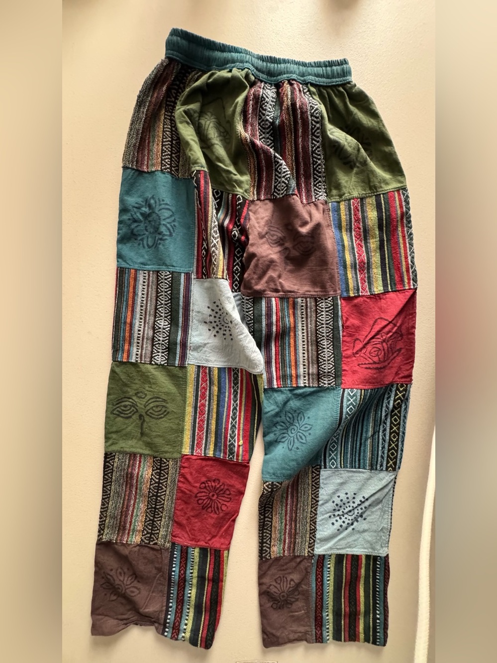 Kathmandu Patchwork Boho Men's Pants in Green, Teal, Red, Olive, Cream - Picture 2 of 6